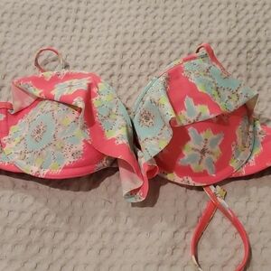 AERIE Bridget Hot Neon Pink Bikini Top Tribal Print Yellow White Light B…